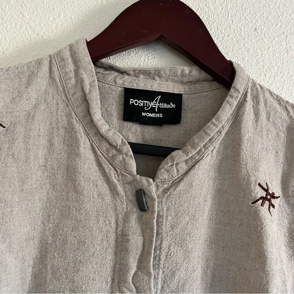 Vintage Positive Attitude Button Up Short Sleeved Linen Type Shirt Tan Floral - Picture 7 of 11